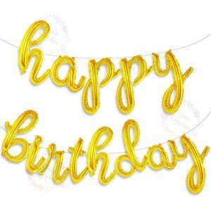 Gold Happy Birthday Balloons Banner | Script/Cursive Gold Letter Balloon Sign